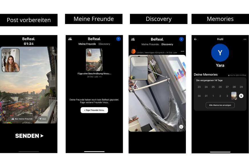 Ein Bild, welches die verschiedenen Optionen in der BeReal App in Nutzung zeigt.